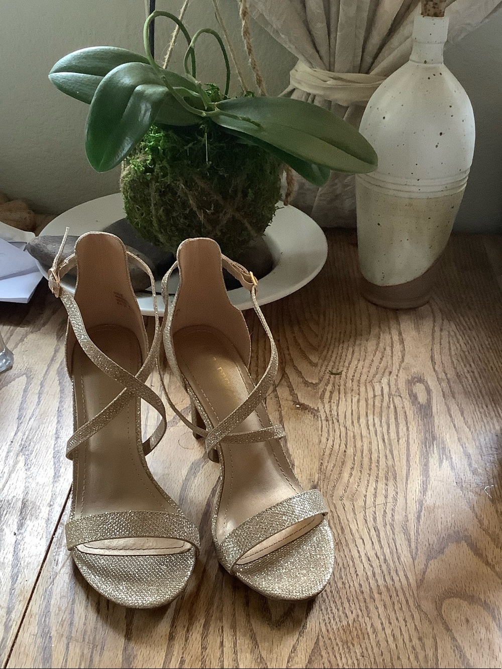 Sparkle Crisscross Sandal Heels in Gold